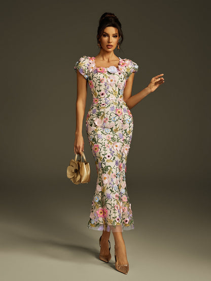 Rosstef Embroidered Flower Midi Dress