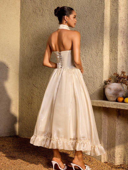 Zorvalen Halterneck Lace Up Flared Maxi Dress