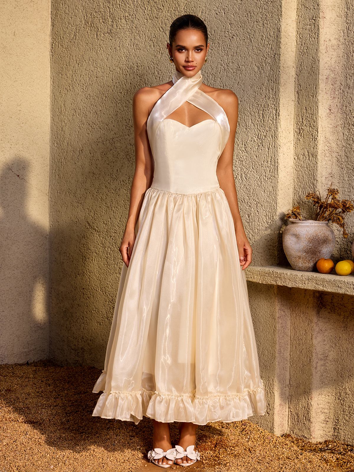Zorvalen Halterneck Lace Up Flared Maxi Dress