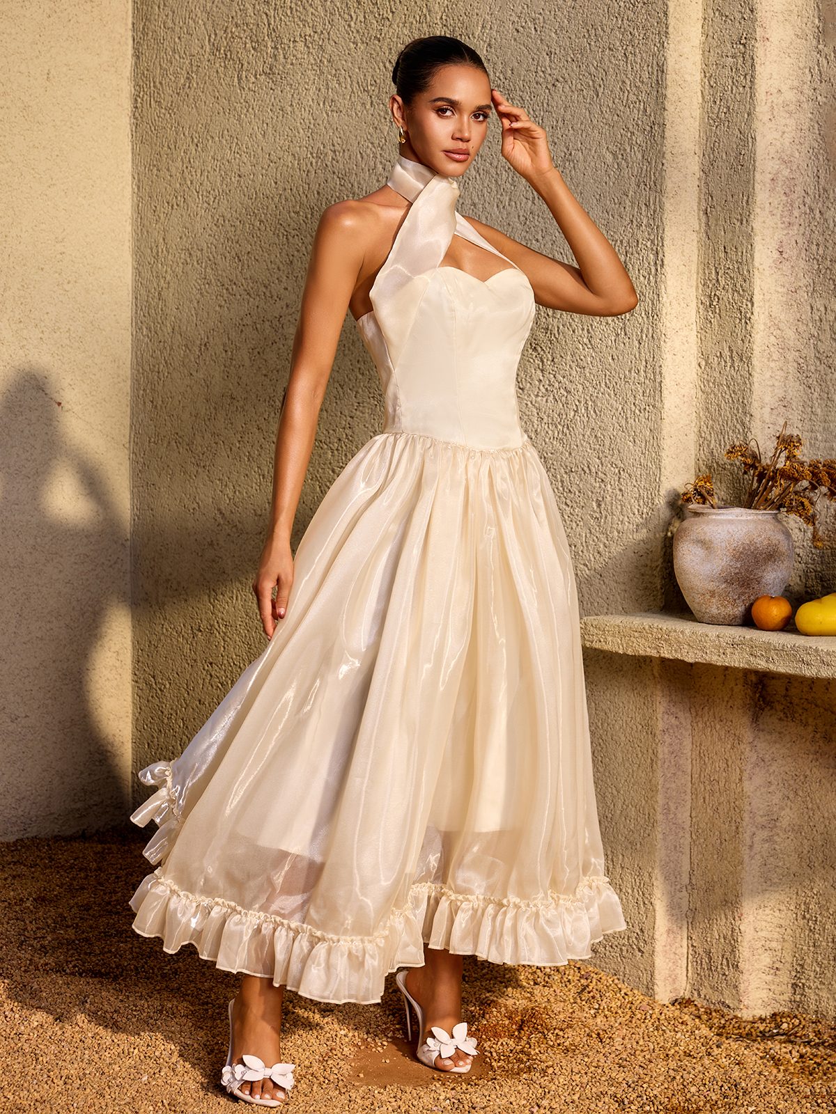 Zorvalen Halterneck Lace Up Flared Maxi Dress