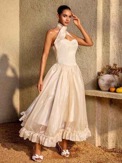 Zorvalen Halterneck Lace Up Flared Maxi Dress