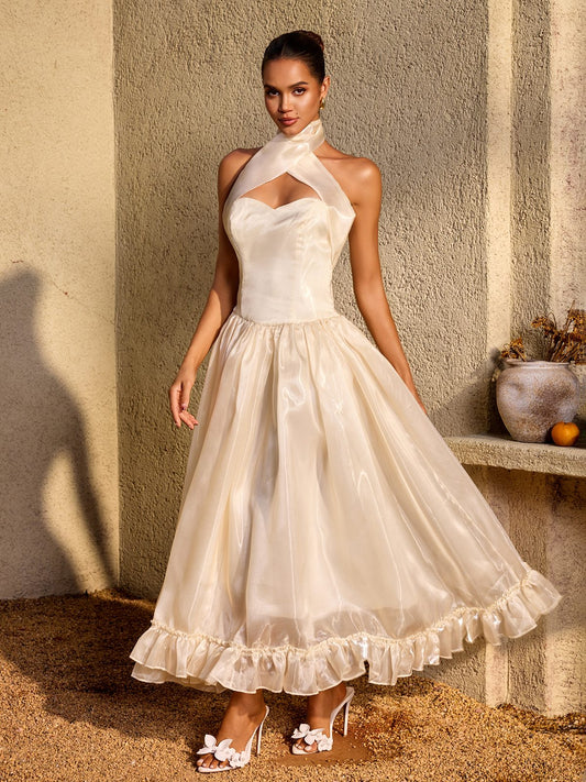 Rosstef Halterneck Lace Up Flared Maxi Dress