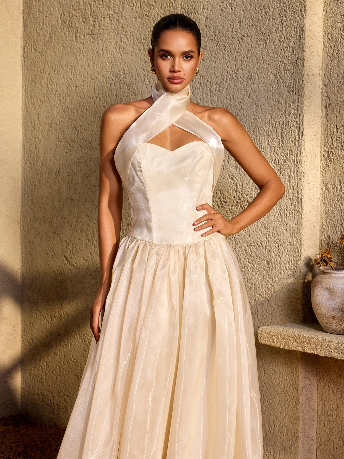Zorvalen Halterneck Lace Up Flared Maxi Dress