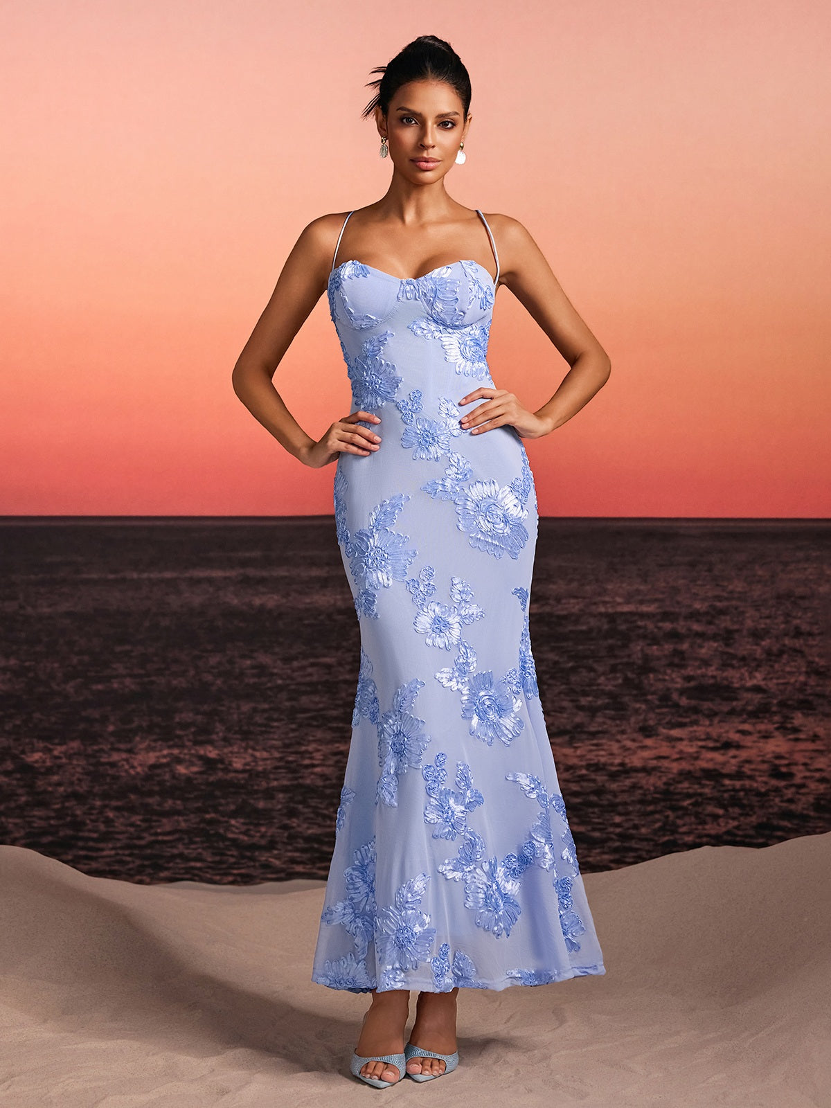 Zryne Spaghetti Embroidered Flower Maxi Dress In Blue