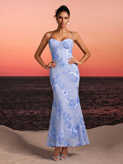 Zryne Spaghetti Embroidered Flower Maxi Dress In Blue
