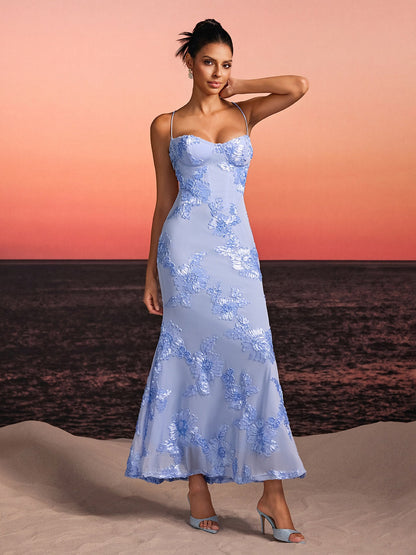 Zryne Spaghetti Embroidered Flower Maxi Dress In Blue