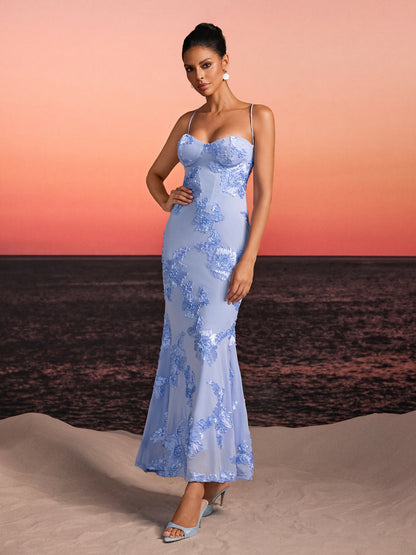 Zryne Spaghetti Embroidered Flower Maxi Dress In Blue