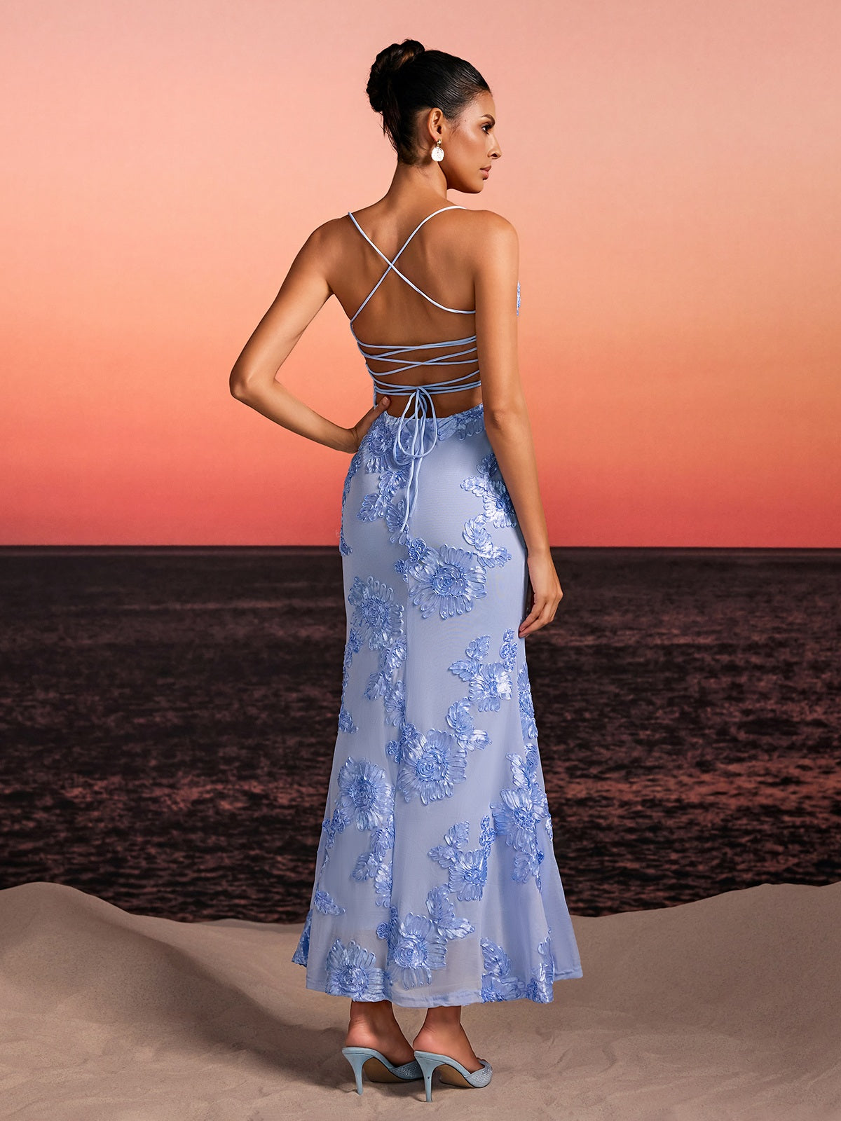 Zryne Spaghetti Embroidered Flower Maxi Dress In Blue