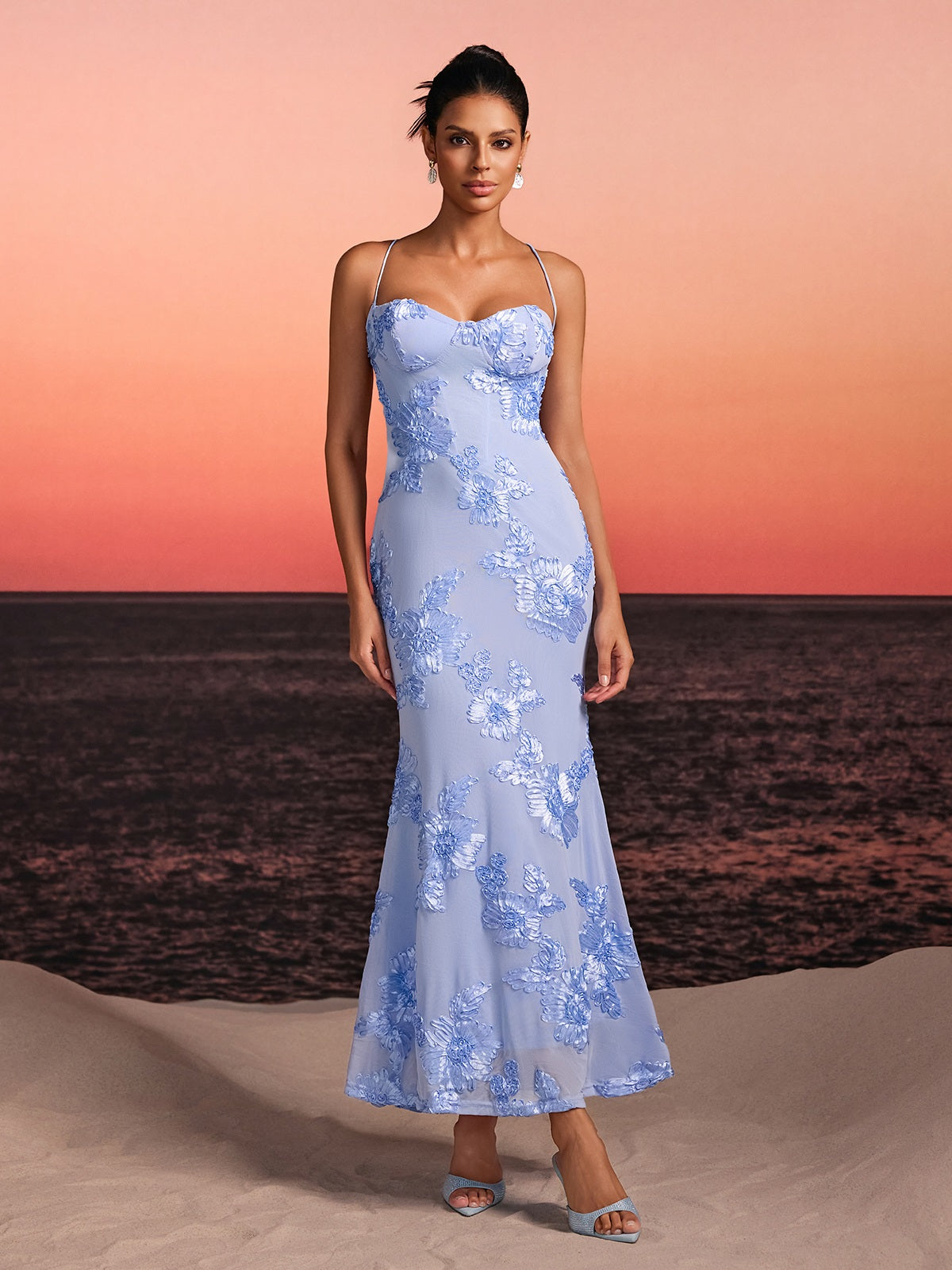 Zryne Spaghetti Embroidered Flower Maxi Dress In Blue