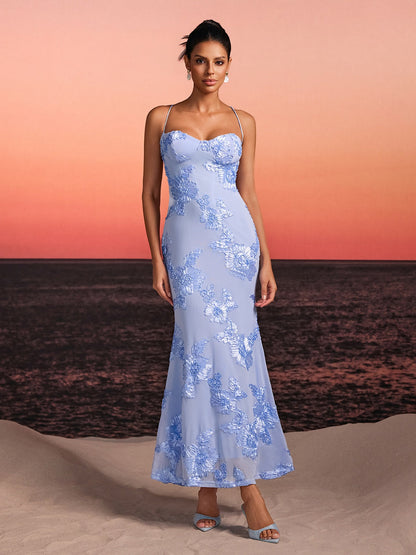 Zryne Spaghetti Embroidered Flower Maxi Dress In Blue