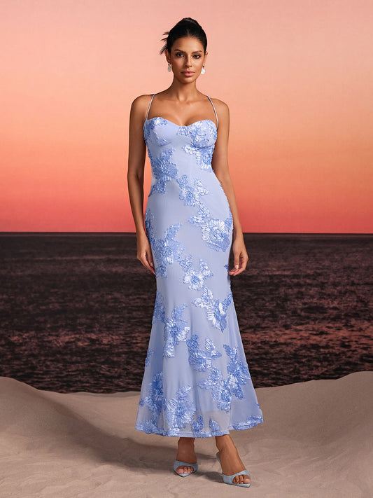 Rosstef Spaghetti Embroidered Flower Maxi Dress