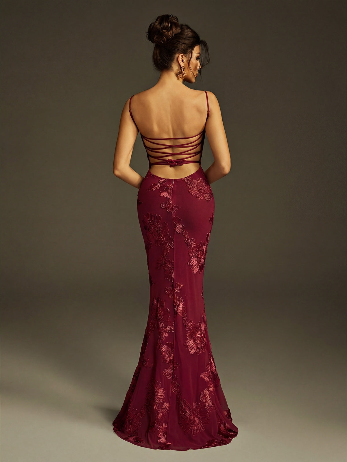 Zryne Spaghetti  Embroidered Flower Maxi Dress In Wine