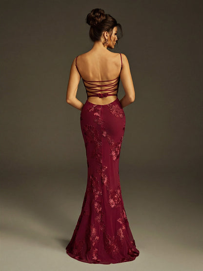 Zryne Spaghetti  Embroidered Flower Maxi Dress In Wine