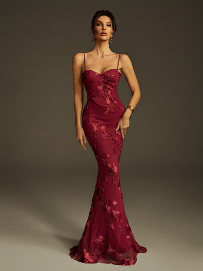 Zryne Spaghetti  Embroidered Flower Maxi Dress In Wine