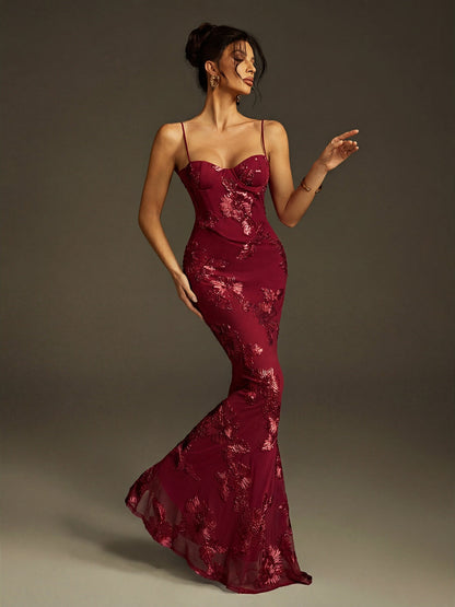 Zryne Spaghetti  Embroidered Flower Maxi Dress In Wine