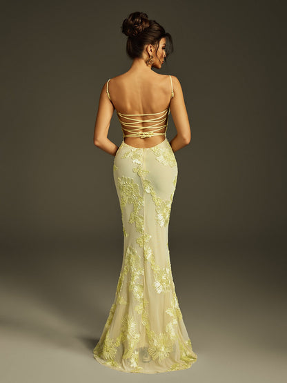 Rosstef Zryne Spaghetti Embroidered Flower Maxi Dress