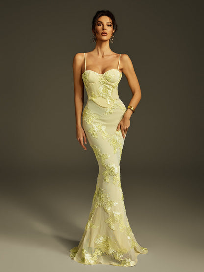 Rosstef Zryne Spaghetti Embroidered Flower Maxi Dress