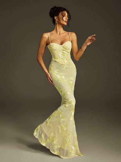 Rosstef Zryne Spaghetti Embroidered Flower Maxi Dress