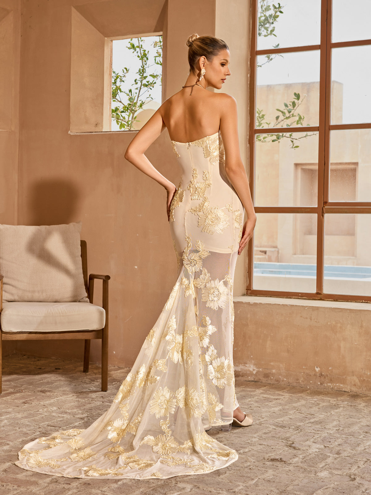Zryne Strapless Flower Maxi Dress