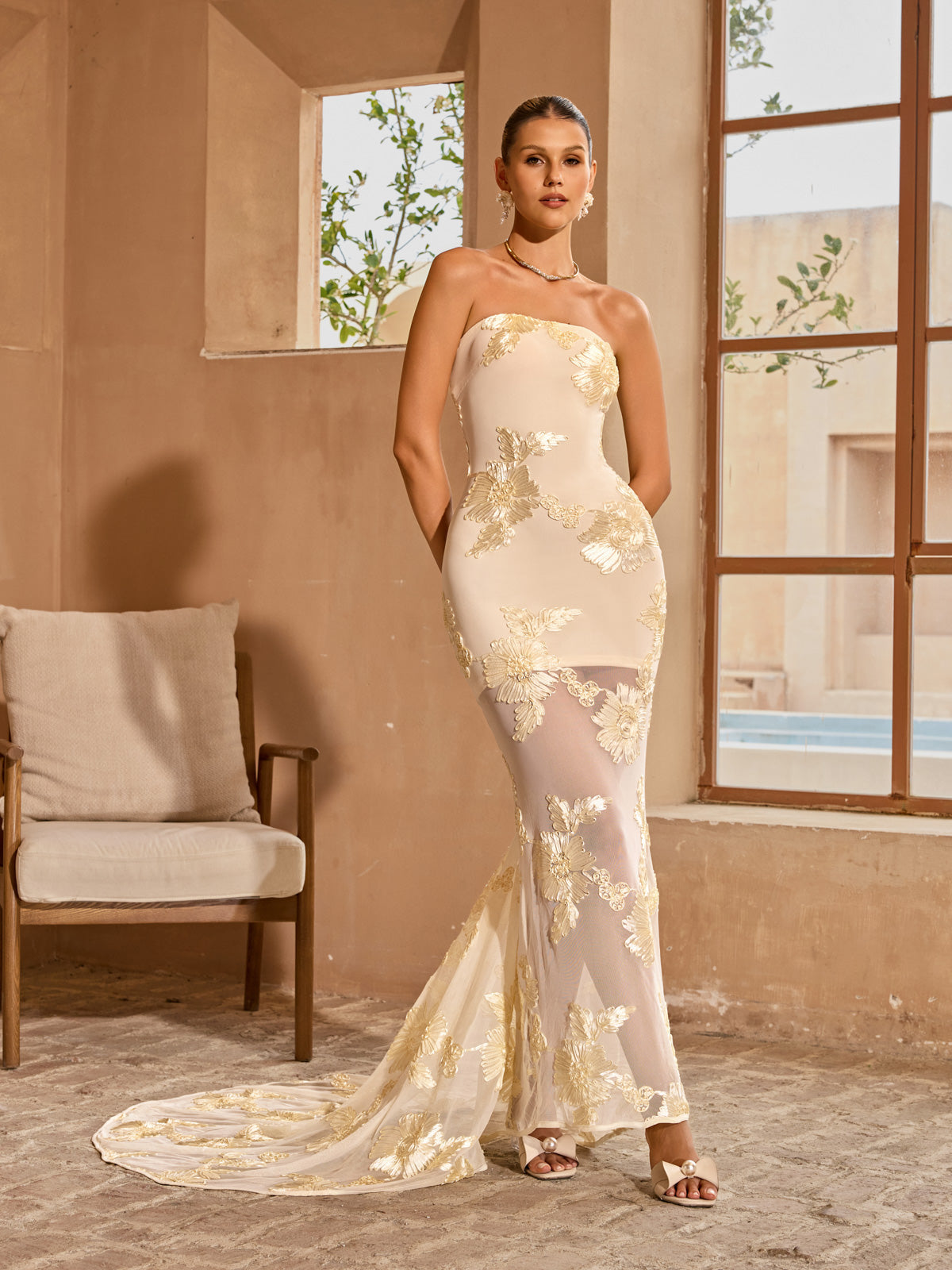 Zryne Strapless Flower Maxi Dress