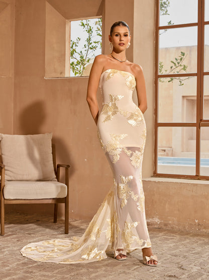 Zryne Strapless Flower Maxi Dress