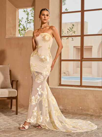 Zryne Strapless Flower Maxi Dress