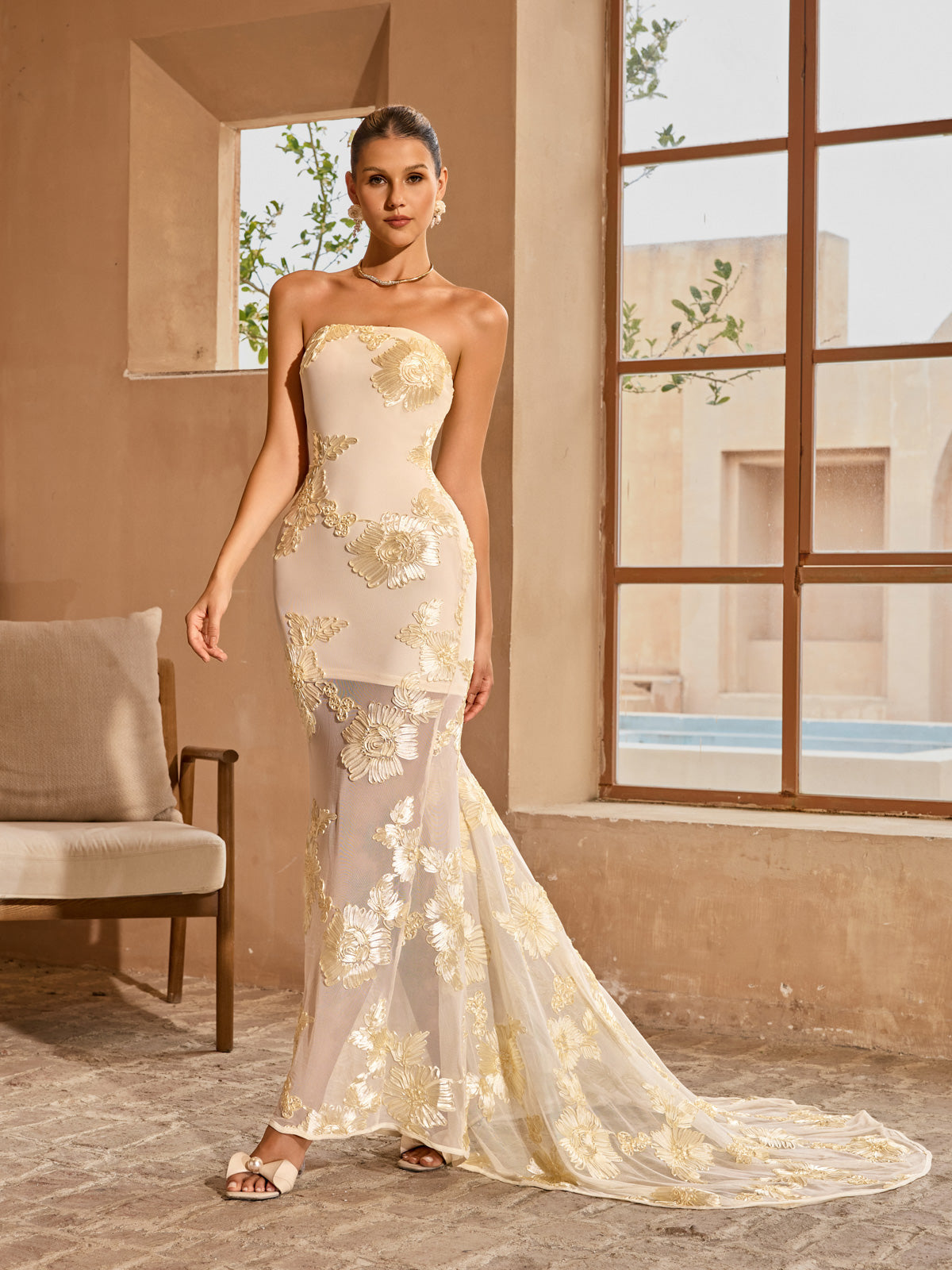 Zryne Strapless Flower Maxi Dress
