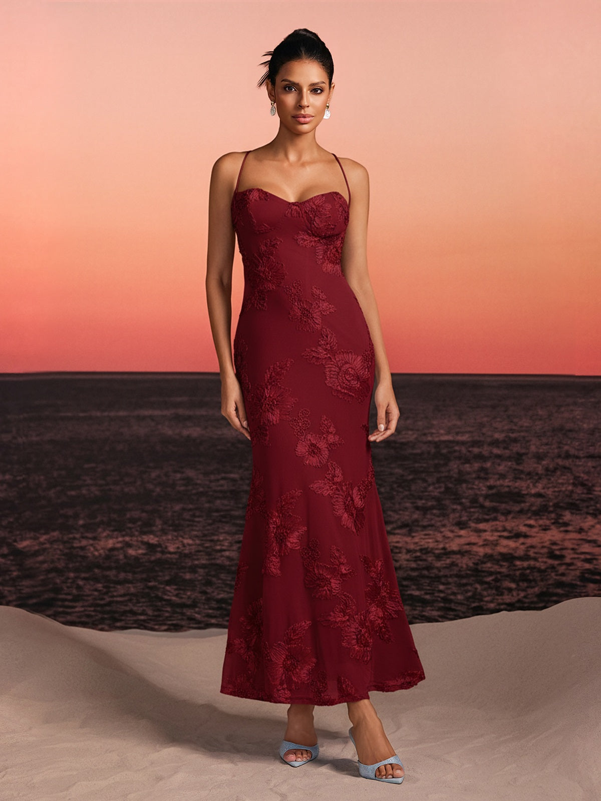 Zryne Spaghetti  Embroidered Flower Maxi Dress In Wine