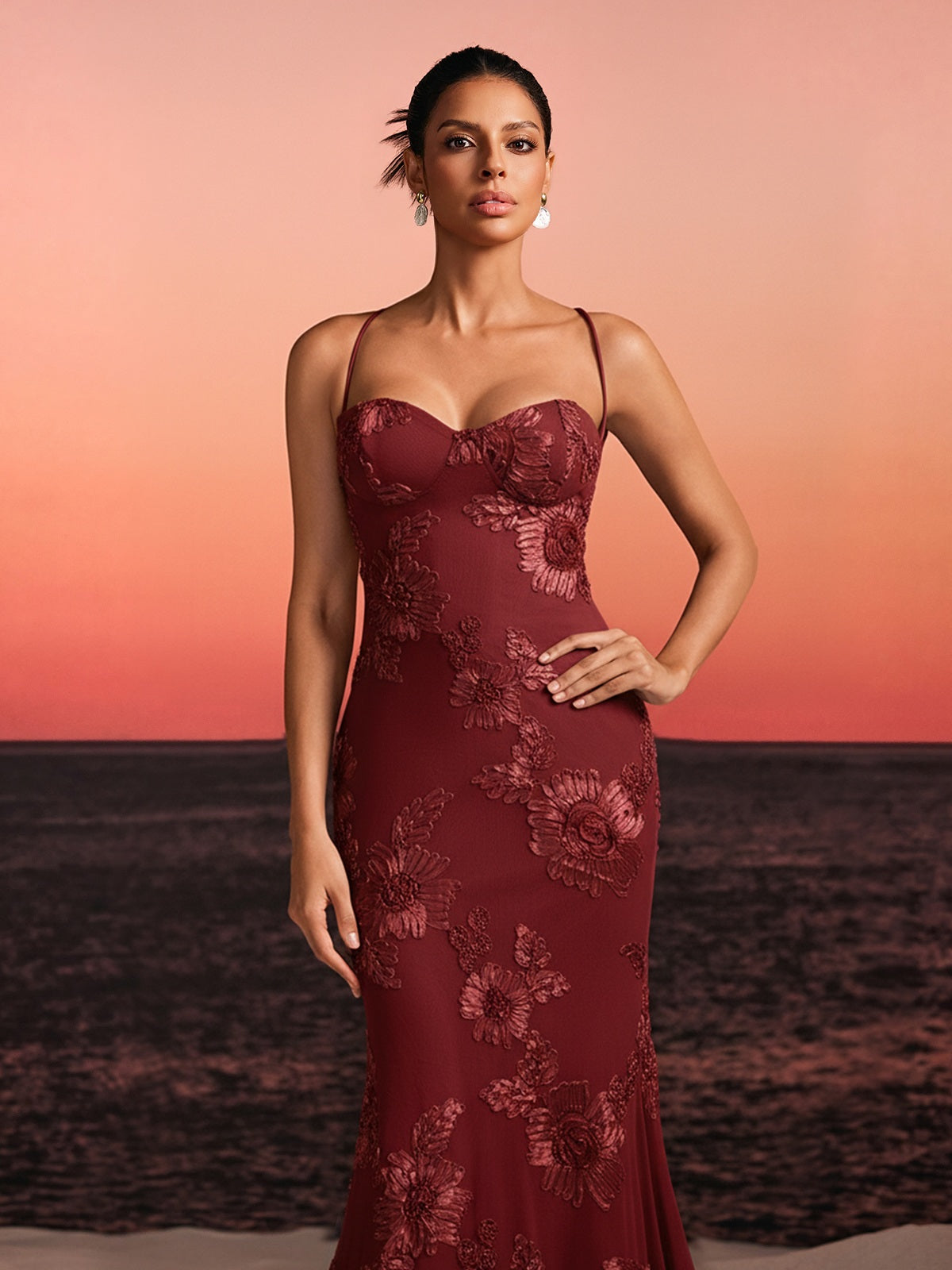 Zryne Spaghetti  Embroidered Flower Maxi Dress In Wine