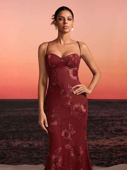 Zryne Spaghetti  Embroidered Flower Maxi Dress In Wine