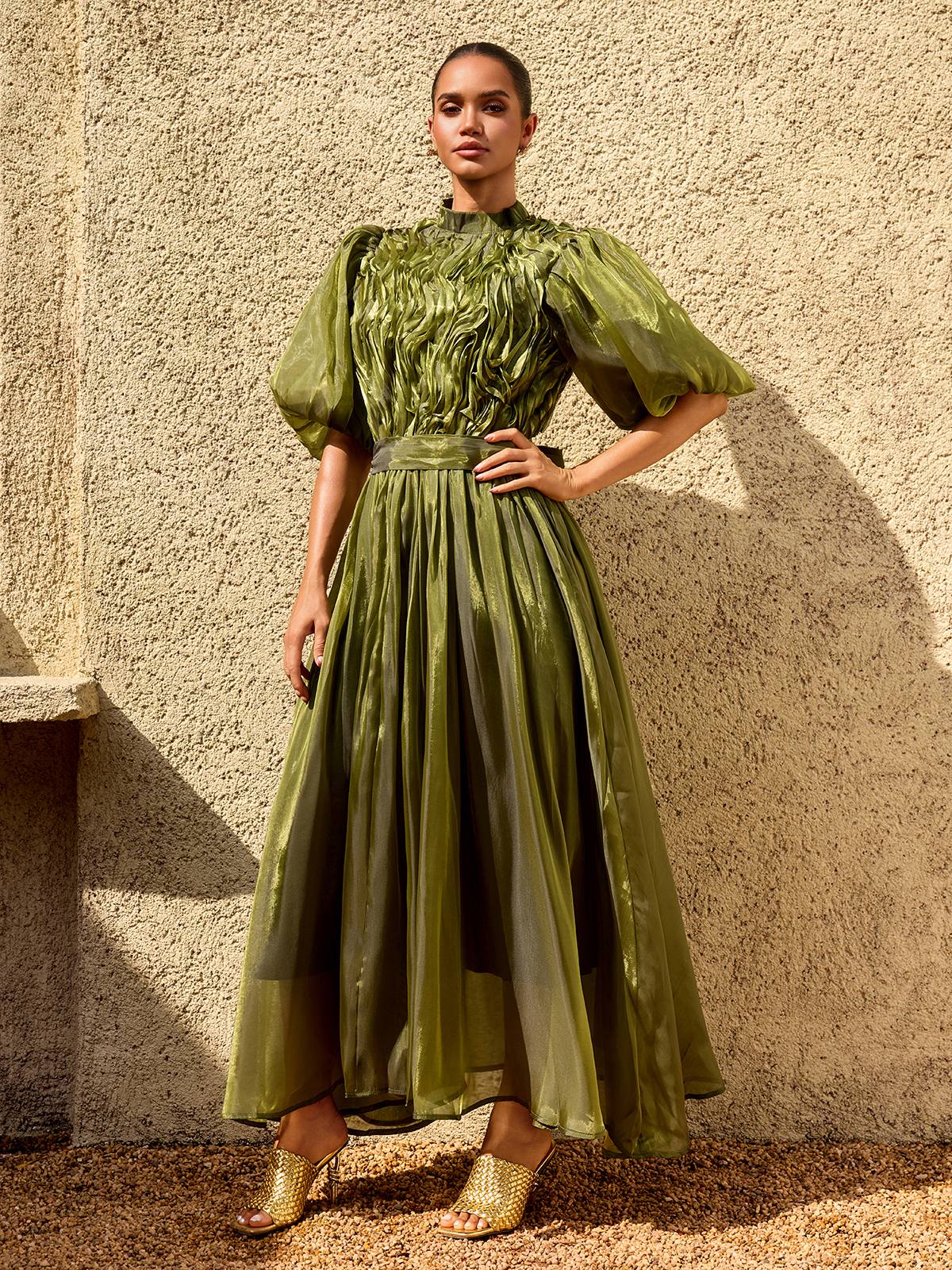Zylarion Puff Sleeve Ruffle Maxi Dress