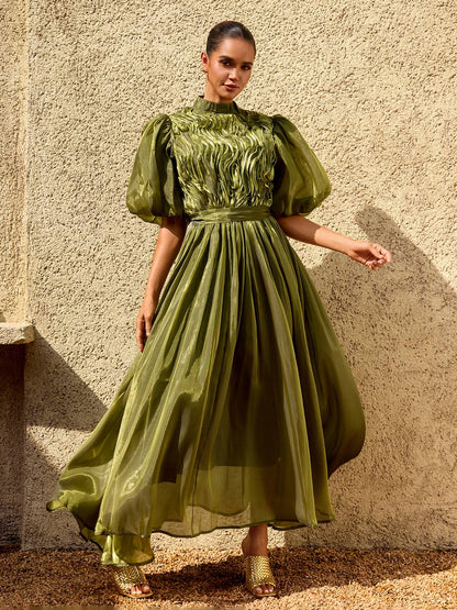 Zylarion Puff Sleeve Ruffle Maxi Dress
