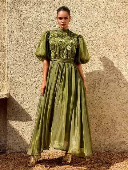 Zylarion Puff Sleeve Ruffle Maxi Dress