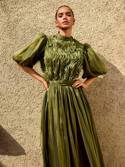 Zylarion Puff Sleeve Ruffle Maxi Dress