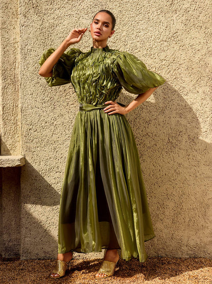 Zylarion Puff Sleeve Ruffle Maxi Dress