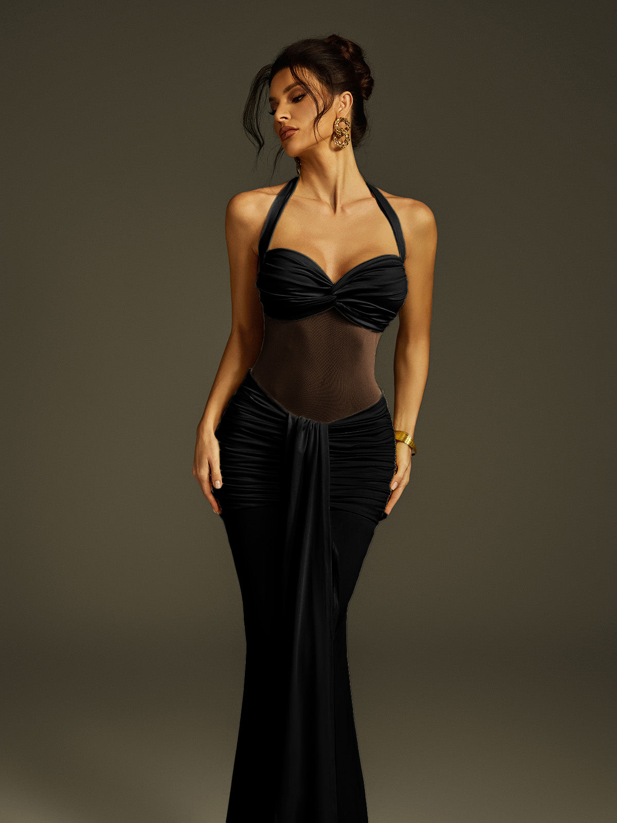 Rosstef Zylon Halterneck Draped Maxi Dress