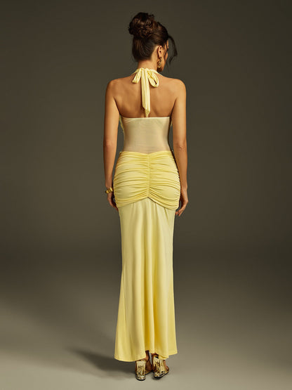 Zylon Halterneck Draped Maxi Dress In Butter Yellow