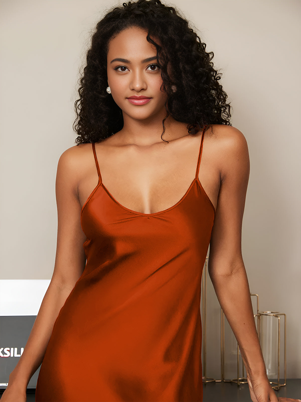 Rosstef 100% Mulberry Silk Spaghetti Strap V Neck Midi Dress