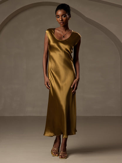 Rosstef 19Momme Silk Cap Sleeve Round Neck Midi Dress