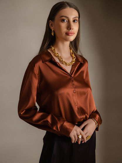 Rosstef 19Momme Silk Long Sleeve Lapel Collar Kadın Giyimi