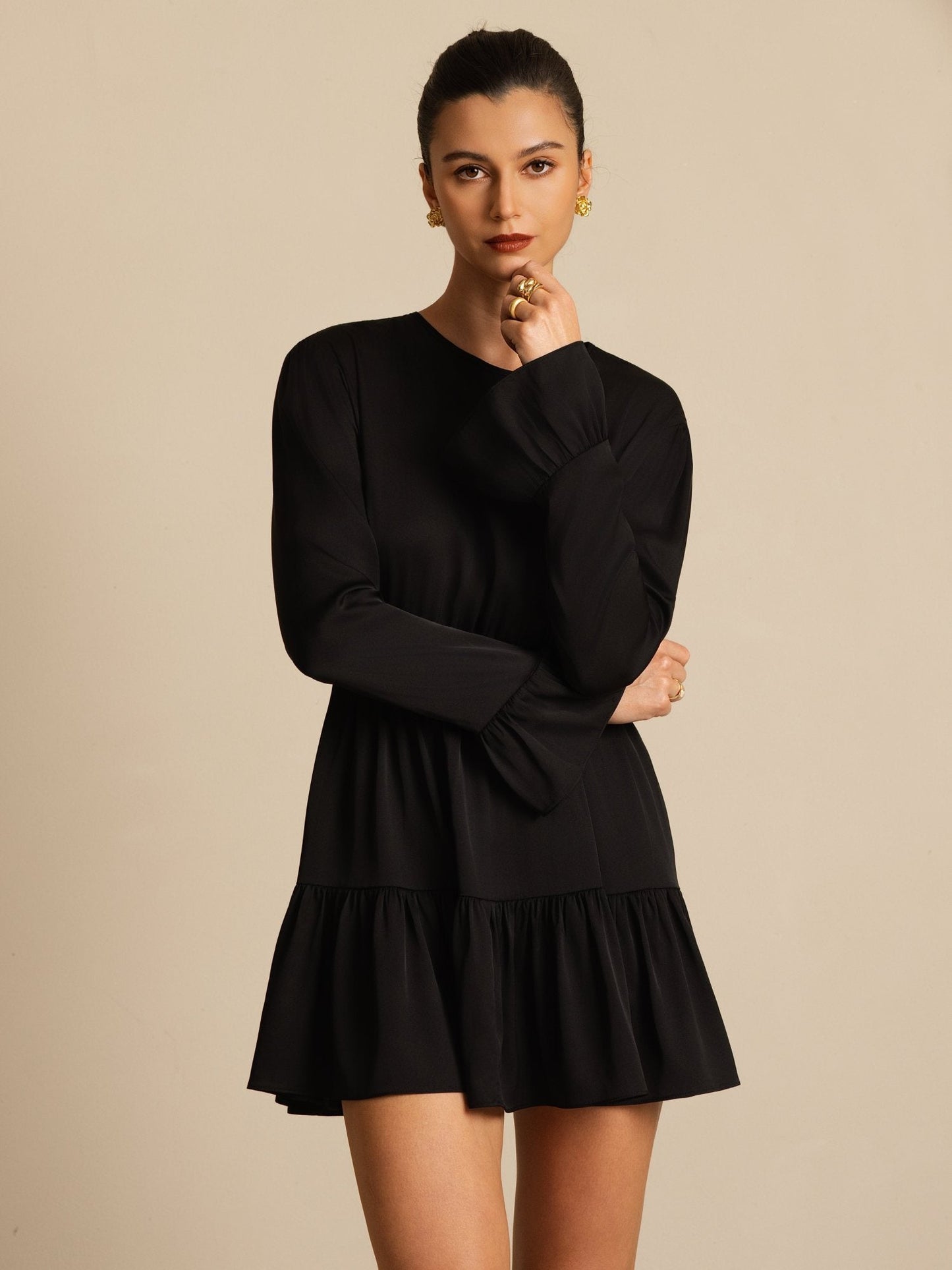 Rosstef 19Momme Stretch Silk Ruffle Sleeves Short Dress