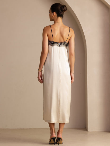 Rosstef 19Momme Silk Square Neck Spaghetti Strap Lace Midi Dress