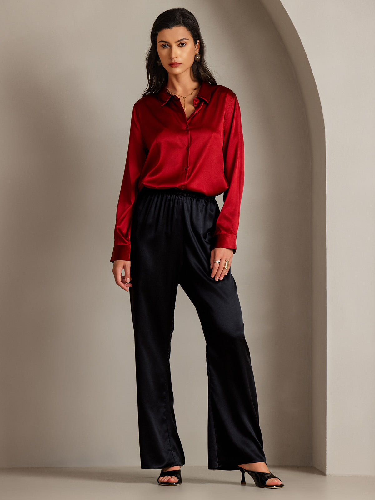 Rosstef 19Momme Silk Long Sleeve Lapel Collar Kadın Giyimi