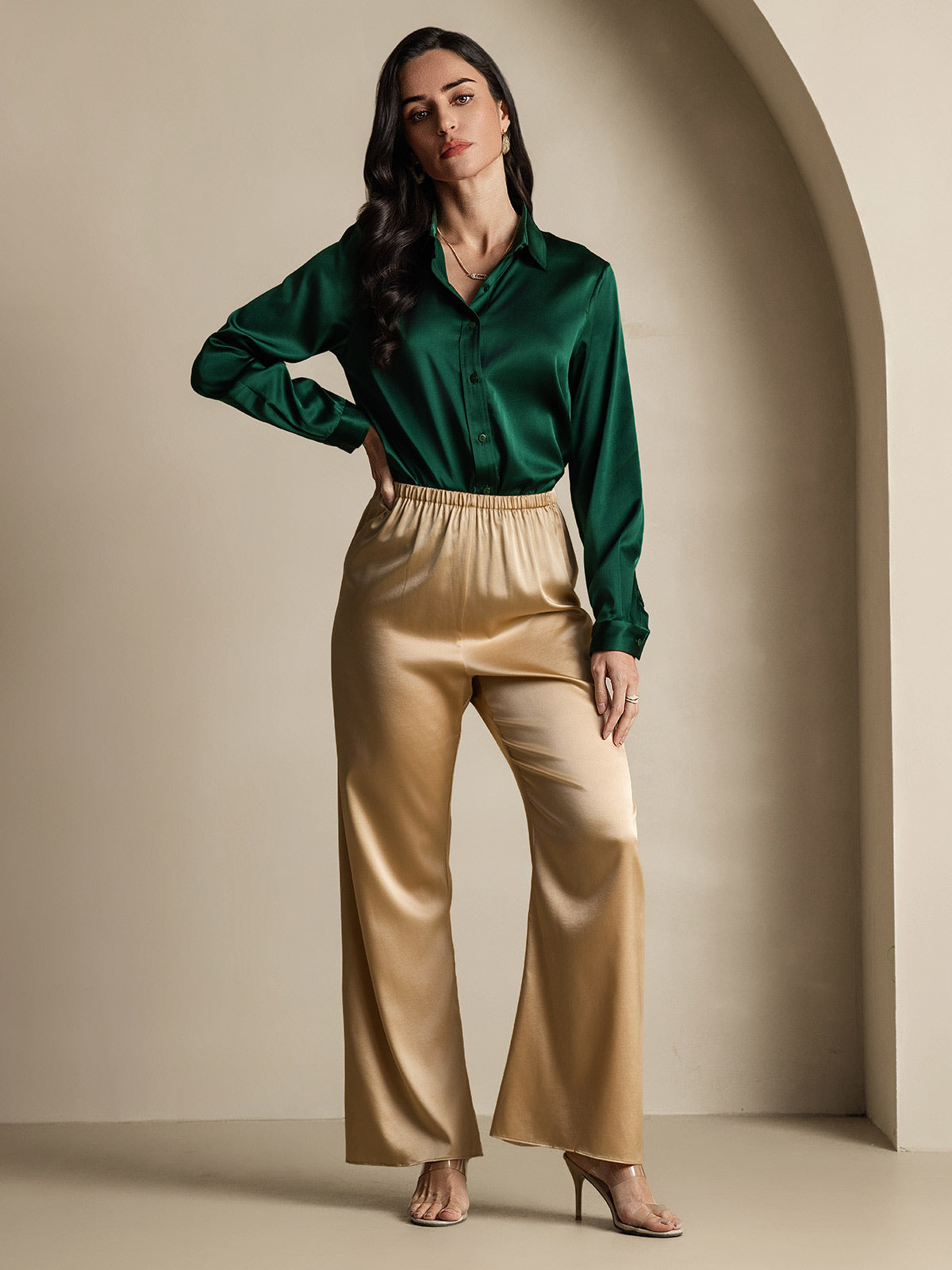 Rosstef 19Momme Silk Long Sleeve Lapel Collar Women's Shirt