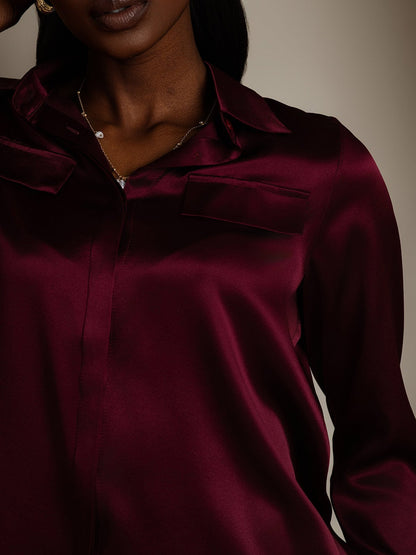 Rosstef 19Momme Silk Long Sleeve Lapel Collar Military Shirt