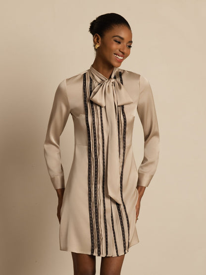 Rosstef 19Momme Stretch Silk Tie-Neck Short Shirt Dress