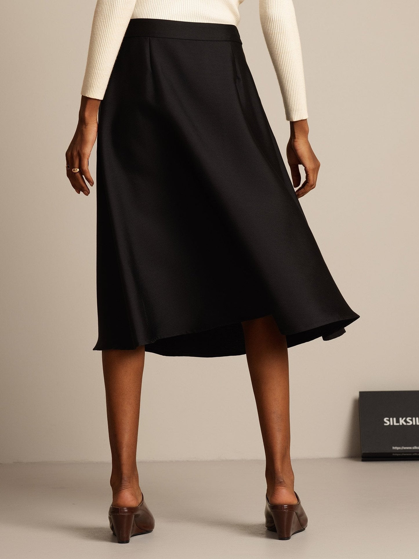 Rosstef 32Momme Silk-Wool Blend A Line Midi Skirt with Zipper Design