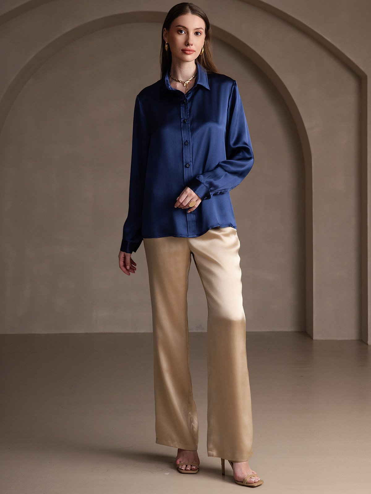 Rosstef 19Momme Silk Long Sleeve Lapel Collar Women's Shirt