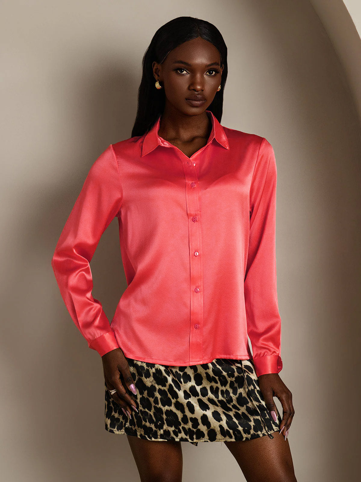 Rosstef 19Momme Silk Long Sleeve Lapel Collar Women's Shirt