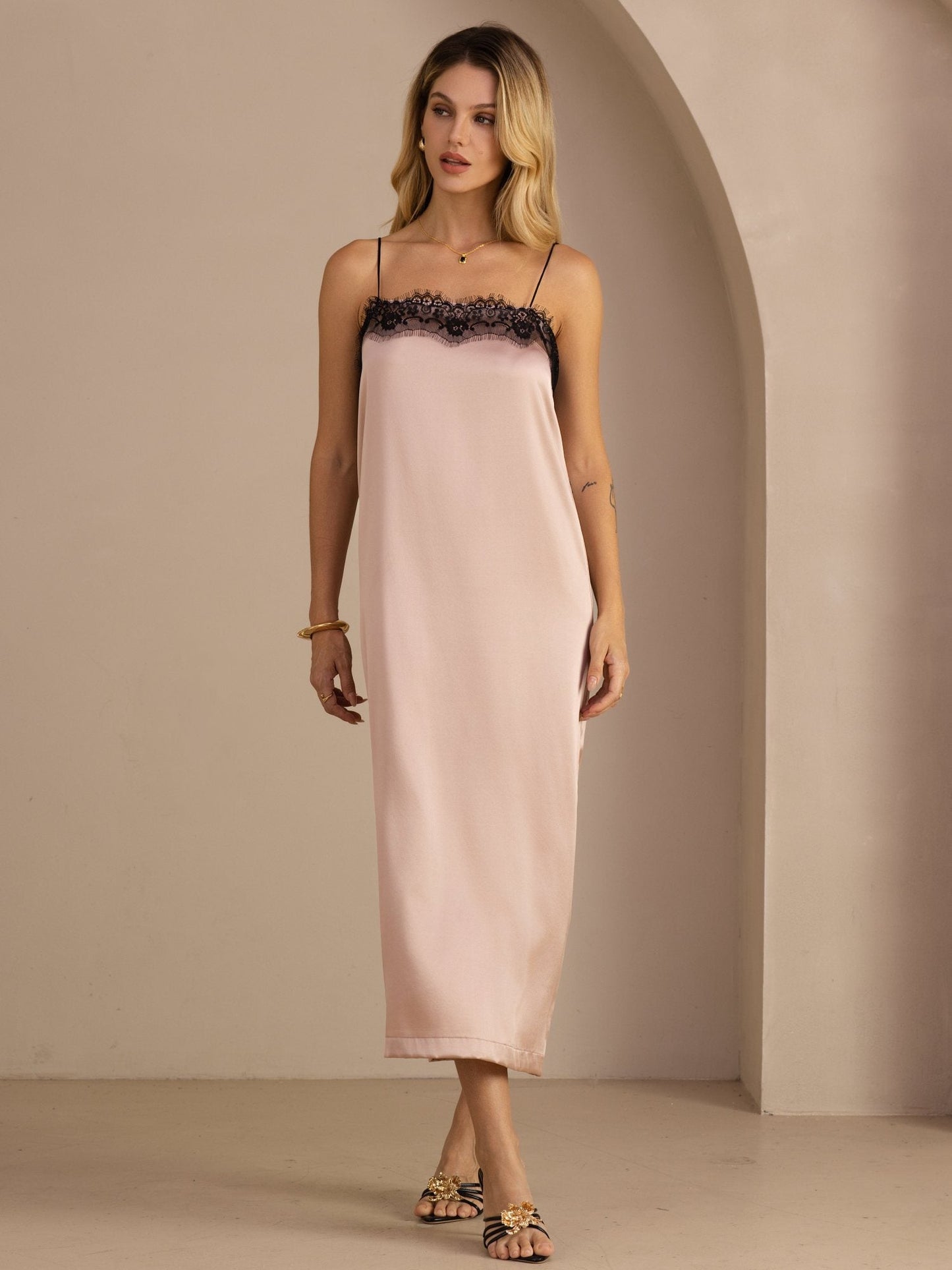 Rosstef 19Momme Silk Square Neck Spaghetti Strap Lace Midi Dress